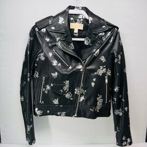 Michael Kors Moto Black Leather‎ Jacket with Silver Floral Accents